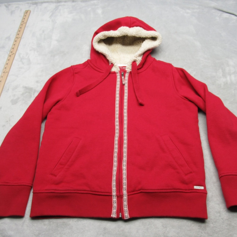 Eddie Bauer Hoodie Women Large Red Aztec Full Zip Sherpa Lined Fleece Sweatshirt